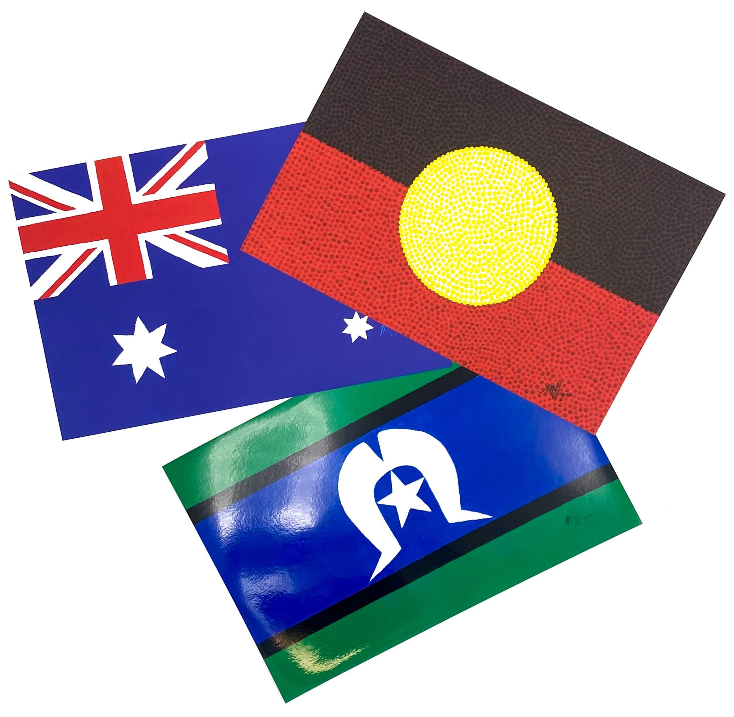 Poster showing the Australian Aboriginal Flag, Torres Strait Islander Flag, and Australian National Flag displayed together